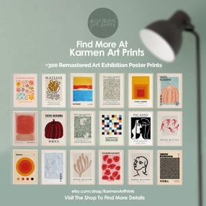 May include: A collage of 12 different art prints featuring various artists and styles. The prints are framed in white and have a minimalist aesthetic. The prints include works by Matisse, William Morris, Yayoi Kusama, Josef Albers, Picasso, and Henri Matisse. The text "Find More At Karmen Art Prints" is displayed at the top of the collage.