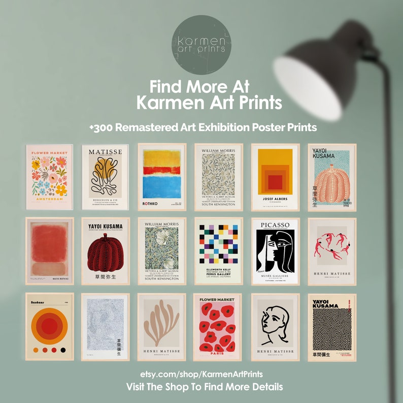 May include: A collage of 12 different art prints featuring various artists and styles. The prints are framed in white and have a minimalist aesthetic. The prints include works by Matisse, William Morris, Yayoi Kusama, Josef Albers, Picasso, and Henri Matisse. The text "Find More At Karmen Art Prints" is displayed at the top of the collage.