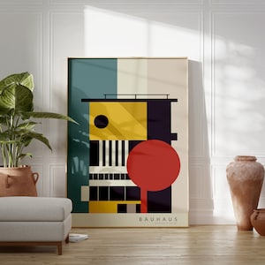 Bauhaus Building Architectural Geometric Poster, Bauhaus Yellow&Red Wall Art, Eclectic Home Decor, Mid Century Modern