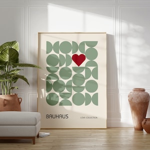 Póster de amor abstracto de Bauhaus, estampado geométrico maximalista de moda en verde salvia, decoración de sala de estar, arte de pared moderno de mediados de siglo, regalo de boda