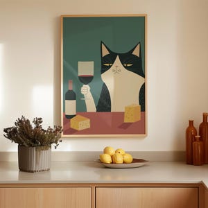 黒猫のワインポスター、バーカートのウォールアート、面白い猫のプリント、ワイン猫のポスター、猫好きへのギフト、美しいキッチンの装飾、トレンディなウォールアート