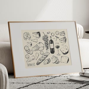 ワイン＆チーズのキッチンポスター、手描きのフランスワイン＆シャルキュトリーボードプリント、バーの壁アート、ダイニングルームの装飾、ミニマリストフードプリント