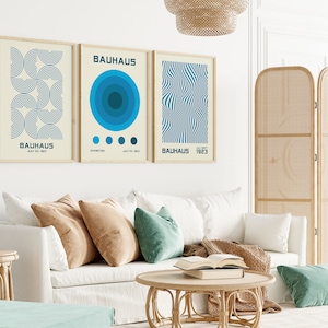 Bauhaus Wall Art Set of 3, Bauhaus Exhibition Poster, Blue Abstract Poster, Bauhaus Decor, Gallery Wall Set, Retro Decor