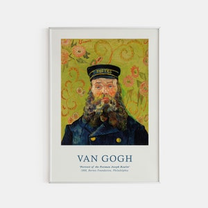 May include: A painting by Vincent van Gogh titled 'Portrait of the Postman Joseph Roulin' depicting a man wearing a blue uniform with a red cap and a thick beard. The background is a green and yellow floral pattern.