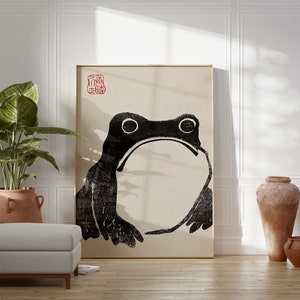 Vintage Black and White Frog Japanese Poster, Matsumoto Hoji Frog Painting, Minimalist Animal Print