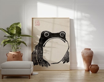 Vintage Japanse poster zwart-witte kikker, schilderij kikker Matsumoto Hoji, minimalistische dierenprint