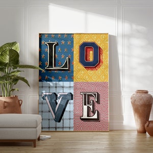 Cartel de tipografía de amor vintage, decoración ecléctica maximalista del hogar, arte de pared estilo años 70, impresión retro groovy