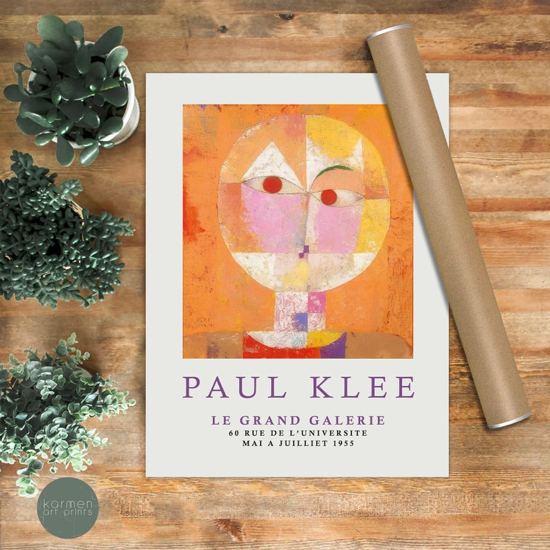 May include: A poster featuring an abstract painting by Paul Klee. The painting is a portrait of a person with a large, round head and a geometric design. The poster includes the text "PAUL KLEE", "LE GRAND GALERIE", "60 RUE DE L'UNIVERSITE", and "MAI A JUILLIET 1955".