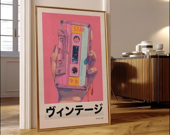 Retro Cassette Print, Japanese Anime, Vaporwave Art