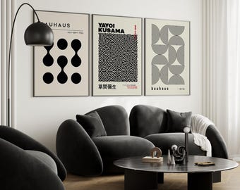 Set of 3 Black Print, Yayoi Kusama Poster Set, Bauhaus Poster Bundle, Gallery Wall Set, Abstract Geometric Art Print Set