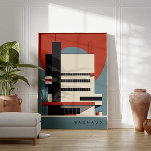 Bauhaus Building Architectural Geometric Poster, Bauhaus Red&Blue Wall Art, Eclectic Home Decor, Mid Century Modern