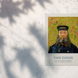 May include: A vintage art print of a painting by Vincent van Gogh titled "Portrait of the Postman Joseph Roulin". The painting features a man with a beard wearing a blue coat and a cap with the word "POSTES" on it. The background is a green and yellow floral pattern.