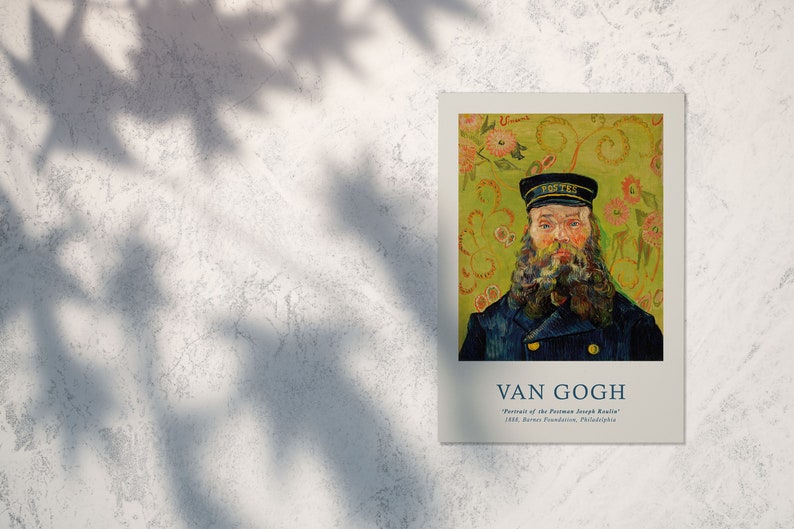 May include: A vintage art print of a painting by Vincent van Gogh titled "Portrait of the Postman Joseph Roulin". The painting features a man with a beard wearing a blue coat and a cap with the word "POSTES" on it. The background is a green and yellow floral pattern.