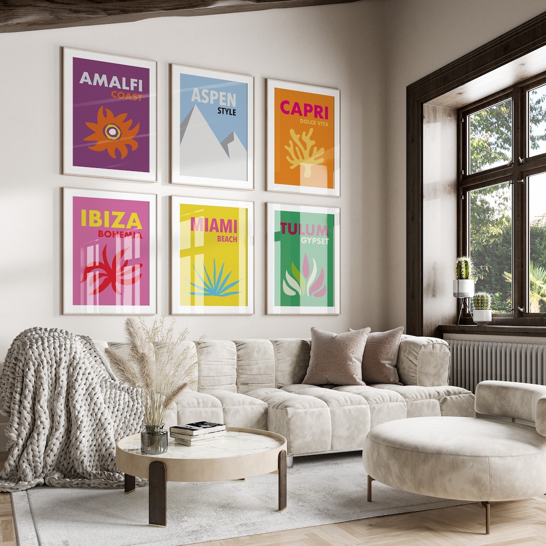 Travel Poster Set: Ibiza, Amalfi, Tulum, Aspen, Capri, Miami Beach