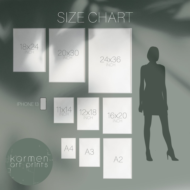 May include: Size chart for art prints, showing different sizes in inches, including 18x24, 20x30, 24x36, 11x14, 12x18, 16x20, and standard paper sizes A4, A3, and A2. The chart also includes a silhouette of a person for scale.