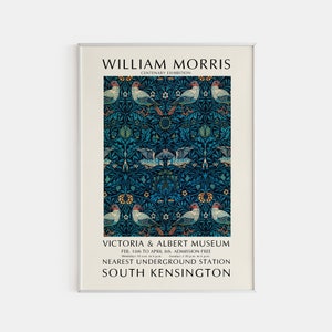 William Morris Birds Poster, Birds and Flowers, William Morris Exhibition Poster, Fabric Textured Background, Art Nouveau Wall Decor