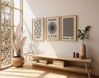 Bauhaus Wall Art Set of 3, Bauhaus Exhibition Poster, Gray Abstract Poster, Bauhaus Decor, Gallery Wall Set, Retro Decor