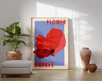 Flower Market Red Poppy Poster, Maximalist Home Decor, Digital Download Art, Floral Pop Art Wall Art, Flower Market Print, Botanical Poster