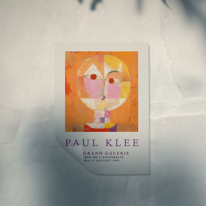May include: A poster advertising an exhibition of artwork by Paul Klee at the Grand Galerie, Rue de l'Universite, from May to July 1955. The poster features a colorful abstract painting of a face.