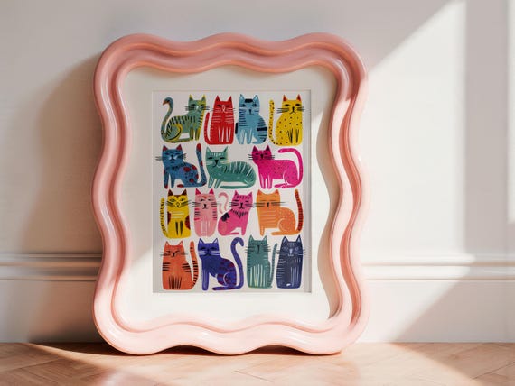 Whimsical Colorful Cat Illustration Print, Dopamine Home Decor