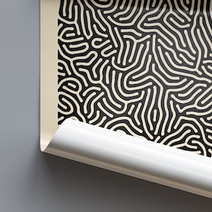 May include: A black and white abstract print with a swirling pattern. The print is rolled up and partially unrolled, revealing the pattern.