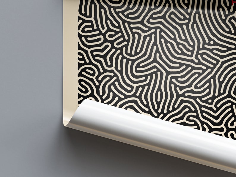 May include: A black and white abstract print with a swirling pattern. The print is rolled up and partially unrolled, revealing the pattern.