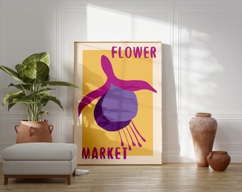Bloemenmarktposter, maximalist interieur, digitale downloadkunst, bloemen popart muurkunst, bloemenmarkt print, paarse botanische poster
