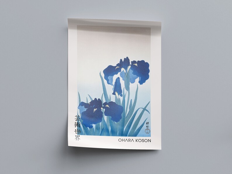 May include: A blue and white print of Japanese irises with the artist's signature "Ohara Koson" at the bottom.