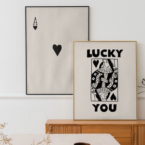 Trendy retro muurkunst set van 2, trendy esthetische print, Black Ace Card poster, Lucky You-poster, trendy muurkunst, grappige kunst, minimalistische print