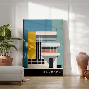 Bauhaus Building Architectural Geometric Poster, Bauhaus Yellow&Blue Wall Art, Eclectic Home Decor, Mid Century Modern