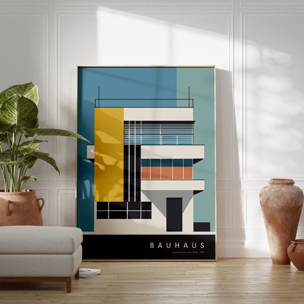 Bauhaus Building Architectural Geometric Poster, Bauhaus Yellow&Blue Wall Art, Eclectic Home Decor, Mid Century Modern