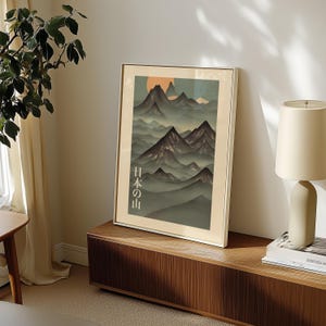 Japanese Mountain Poster, Nature Illustration, Japandi Style Wall Decor, Landscape Wall Art, Trendy Wall Art, Living Room Decor