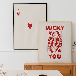 Modny zestaw 2 sztuk sztuki ściennej retro, modny estetyczny nadruk, plakat z czerwoną kartą asa, plakat Lucky You, modna sztuka ścienna, zabawna sztuka, minimalistyczny nadruk