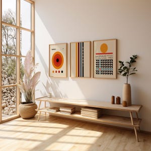 Conjunto de arte de parede Bauhaus de 3, pôster de exposição Bauhaus, pôster abstrato retrô, decoração Bauhaus, conjunto de parede de galeria, decoração retrô