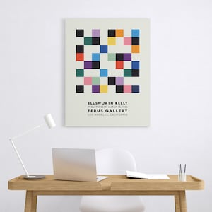 May include: A minimalist poster with a geometric design in black, white, and various colors. The poster features the text "ELLSWORTH KELLY", "FROM TUESDAY, MARCH 15, 1966", "FERUS GALLERY", and "LOS ANGELES, CALIFORNIA".