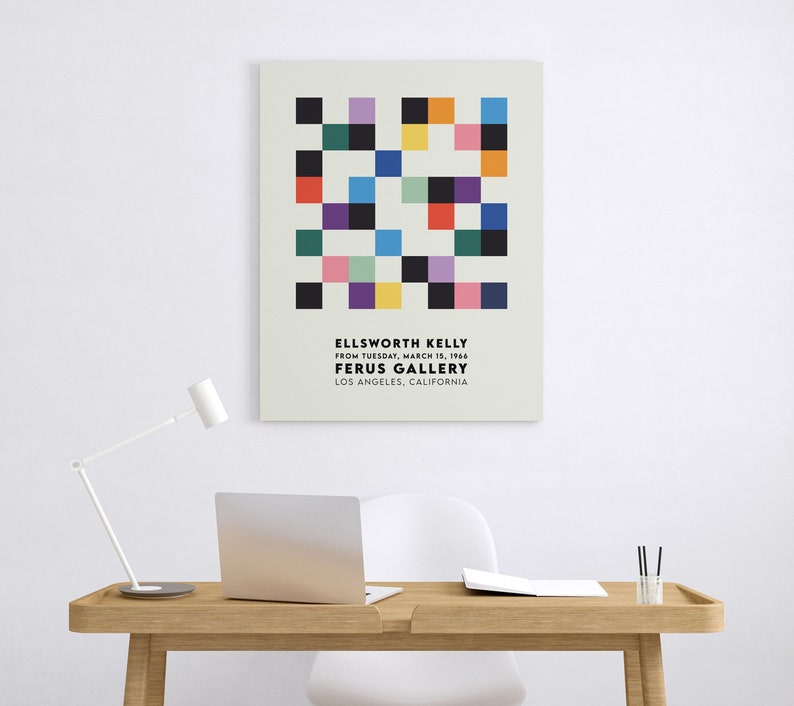 May include: A minimalist poster with a geometric design in black, white, and various colors. The poster features the text "ELLSWORTH KELLY", "FROM TUESDAY, MARCH 15, 1966", "FERUS GALLERY", and "LOS ANGELES, CALIFORNIA".