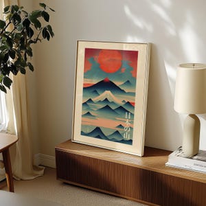 Japanese Mountain Poster, Nature Illustration, Japandi Style Wall Decor, Landscape Wall Art, Trendy Wall Art, Vintage Home Decor