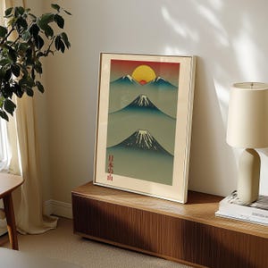 Japanese Mountain Poster, Nature Illustration, Japandi Style Wall Decor, Landscape Wall Art, Trendy Wall Art, Vintage Home Decor