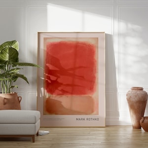 Impresión de arte de Mark Rothko, coral rojo y rosa, cartel abstracto minimalista, decoración de pared contemporánea, cartel de la exposición Rothko