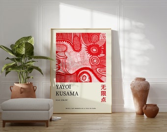 Yayoi Kusama Exhibition Poster: Japanese Modern Red Wall Art