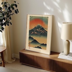 Japanese Mountain Poster, Nature Illustration, Japandi Style Wall Decor, Landscape Wall Art, Trendy Wall Art, Vintage Home Decor