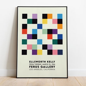 May include: A vintage poster for an Ellsworth Kelly art exhibition at the Ferus Gallery in Los Angeles, California. The poster features a colorful geometric design with squares in various shades of red, blue, green, yellow, purple, and black.