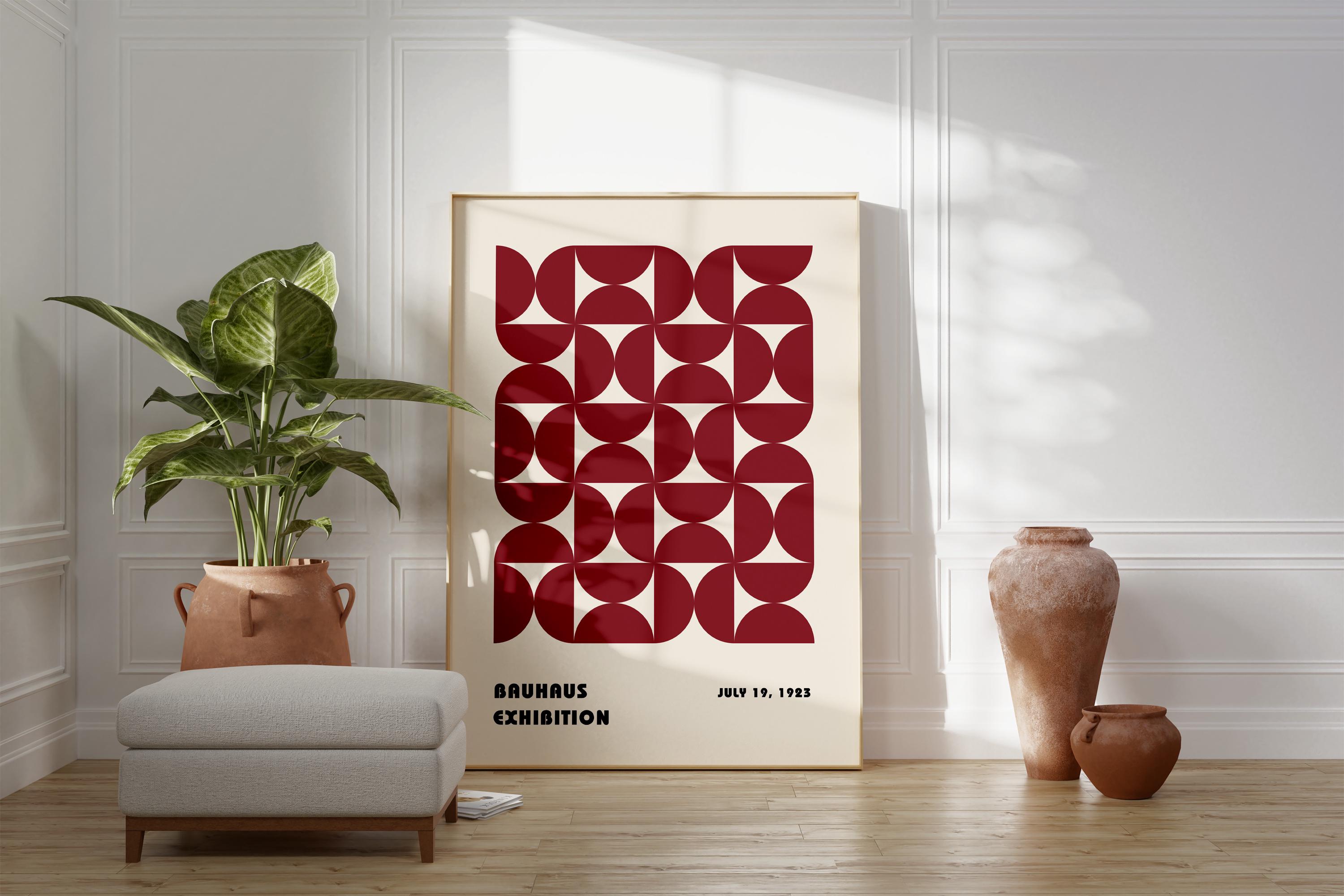 Bauhaus Geometric Poster Print, Maroon Contemporary Poster, Mid Century Modern, Linear Design, Bauhaus Abstract Poster, Minimalist Decor
