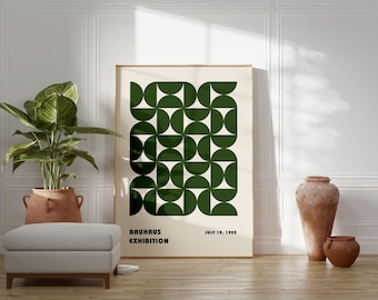 Bauhaus Geometric Print: Deep Green Mid-Century Modern Poster