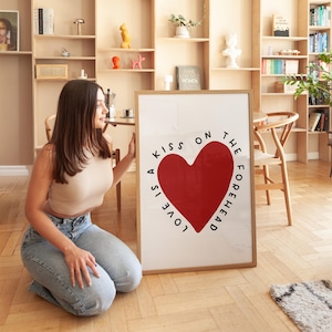 Trendy Preppy Red Heart Print, Trendy Love Typography Poster, Abstract Hand Drawn Heart Wall Art, Girly College Dorm Posters