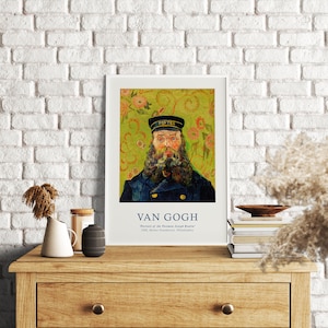 May include: A vintage poster featuring a painting by Vincent van Gogh titled "Portrait of the Postman Joseph Roulin". The painting depicts a man with a beard wearing a blue uniform and a cap with the word "POSTES" on it. The background is a yellow-green colour with floral patterns.