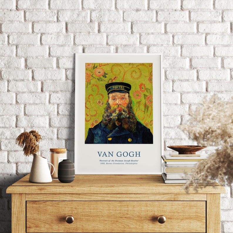 May include: A vintage poster featuring a painting by Vincent van Gogh titled "Portrait of the Postman Joseph Roulin". The painting depicts a man with a beard wearing a blue uniform and a cap with the word "POSTES" on it. The background is a yellow-green colour with floral patterns.