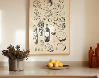 Wine and Cheese Poster: Hand Drawn French Charcuterie Print