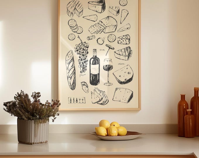 Wine and Cheese Poster: Hand Drawn French Charcuterie Print