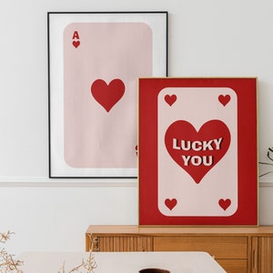 Trendy retro muurkunst set van 2, trendy esthetische print, poster Red Ace Card, poster Lucky You, trendy muurkunst, grappige kunst, roze en rood